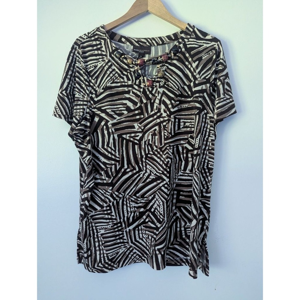 Brown Short Sleeve Geometric Beaded Top Keyhole 1X Slinky Office Chic Neutral